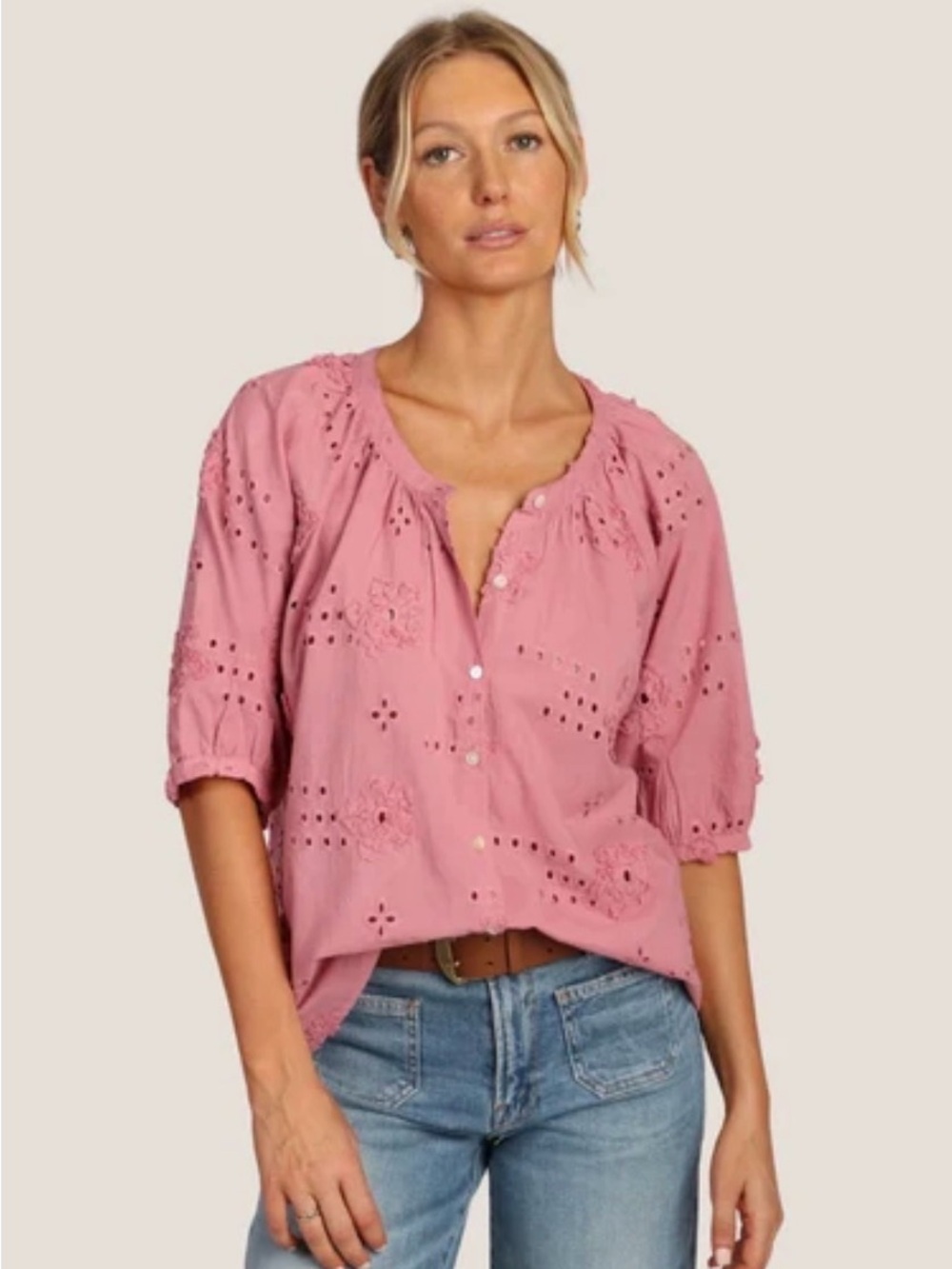Dylan 🩷 Pink Eyelet Button-Front Blouse